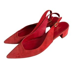 Mansur Gavriel Cherry Red Suede Pointy Toe Low Block Heel Slingbacks EU41
